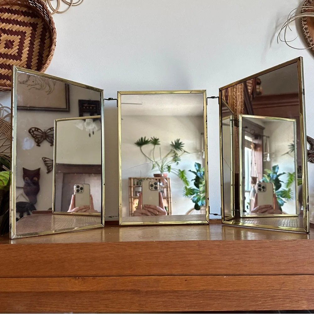 Vintage Tri Fold Vanity Mirror Gold MCM 1960s